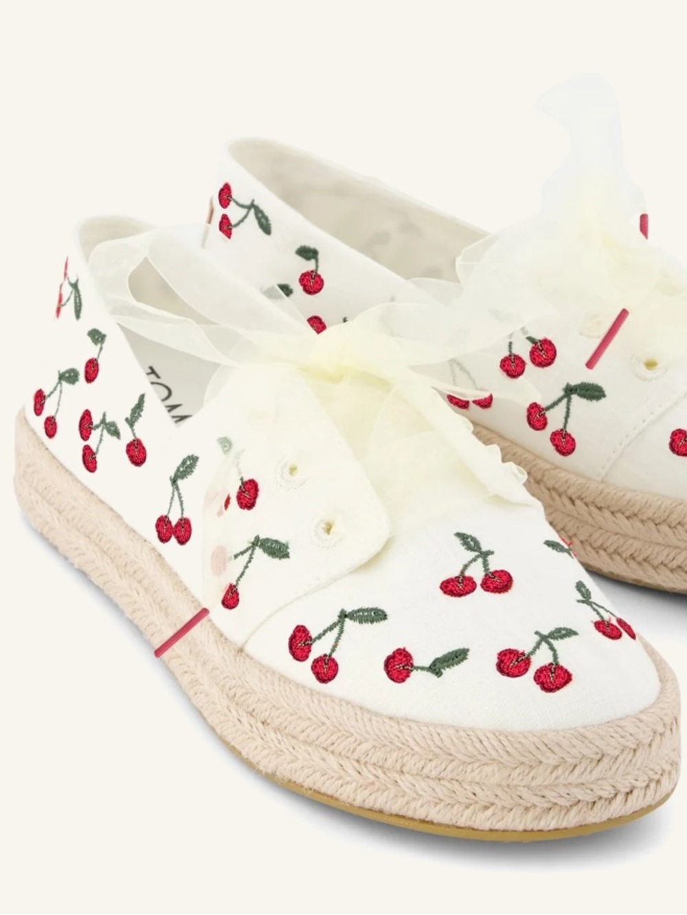TOMS Carolina Lace-Up Espadrilles Croquette 🍒 Cherries Embroidery Sneaker 9 NWOT